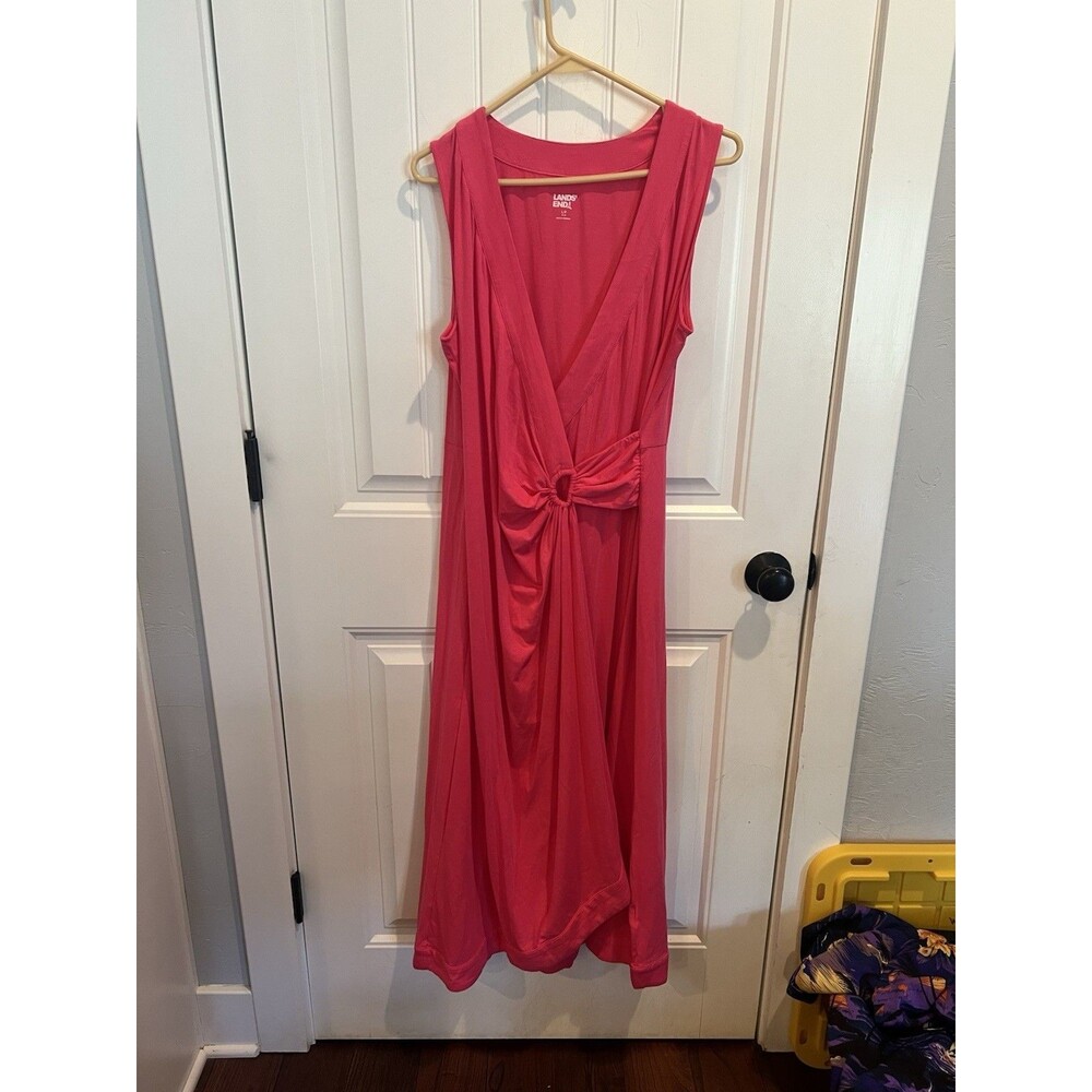 Lands’ End Women’s Faux Wrap Midi Dress Pink Sleeveless Knit LP 14-16